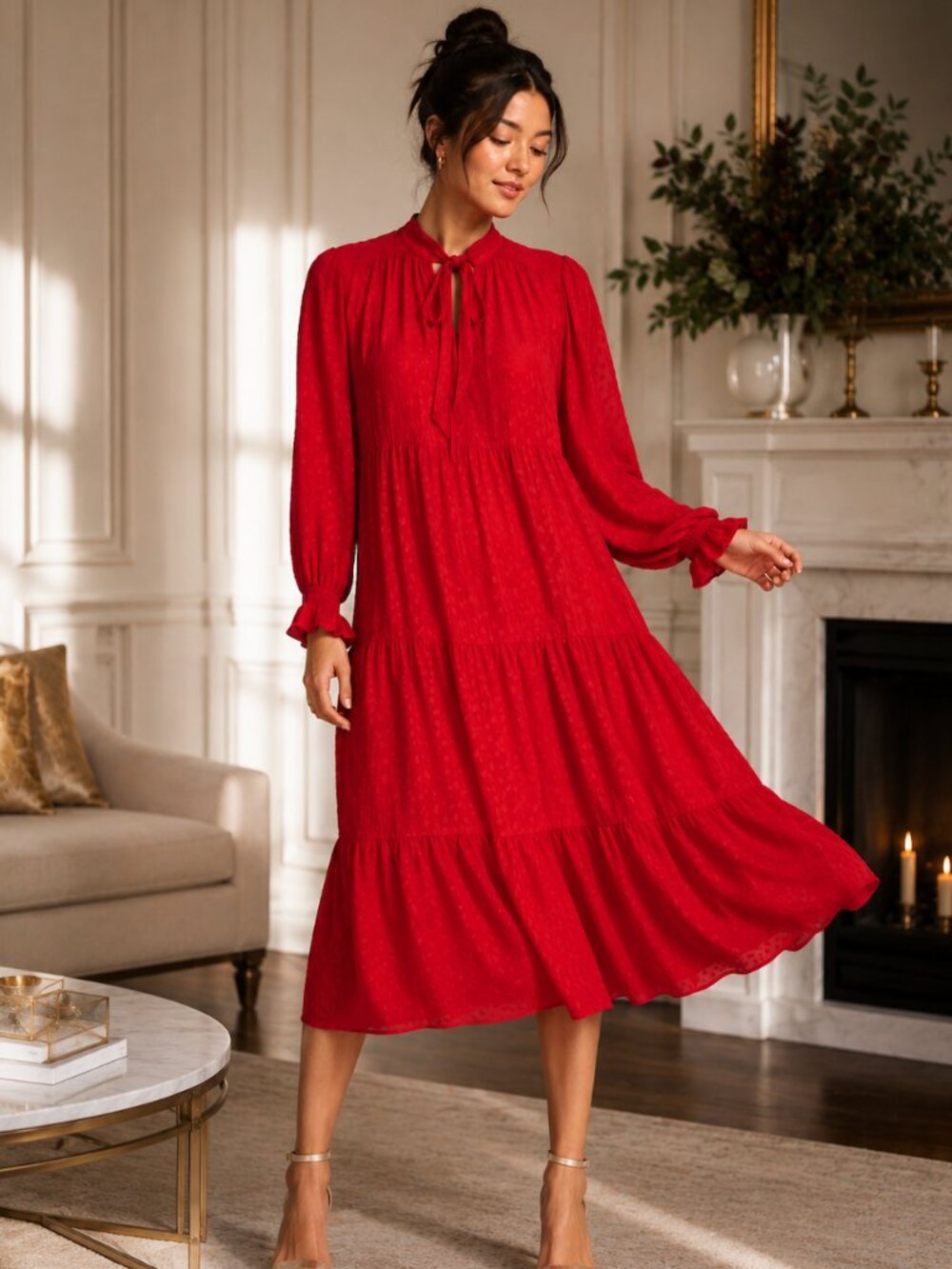 Maeve Anthropologie XS Petite Red Dot Tie Neck Midi Dress Long Sleeve